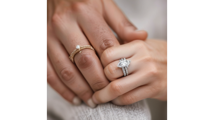 interlocked hands with engagement rings, one gold and one silver