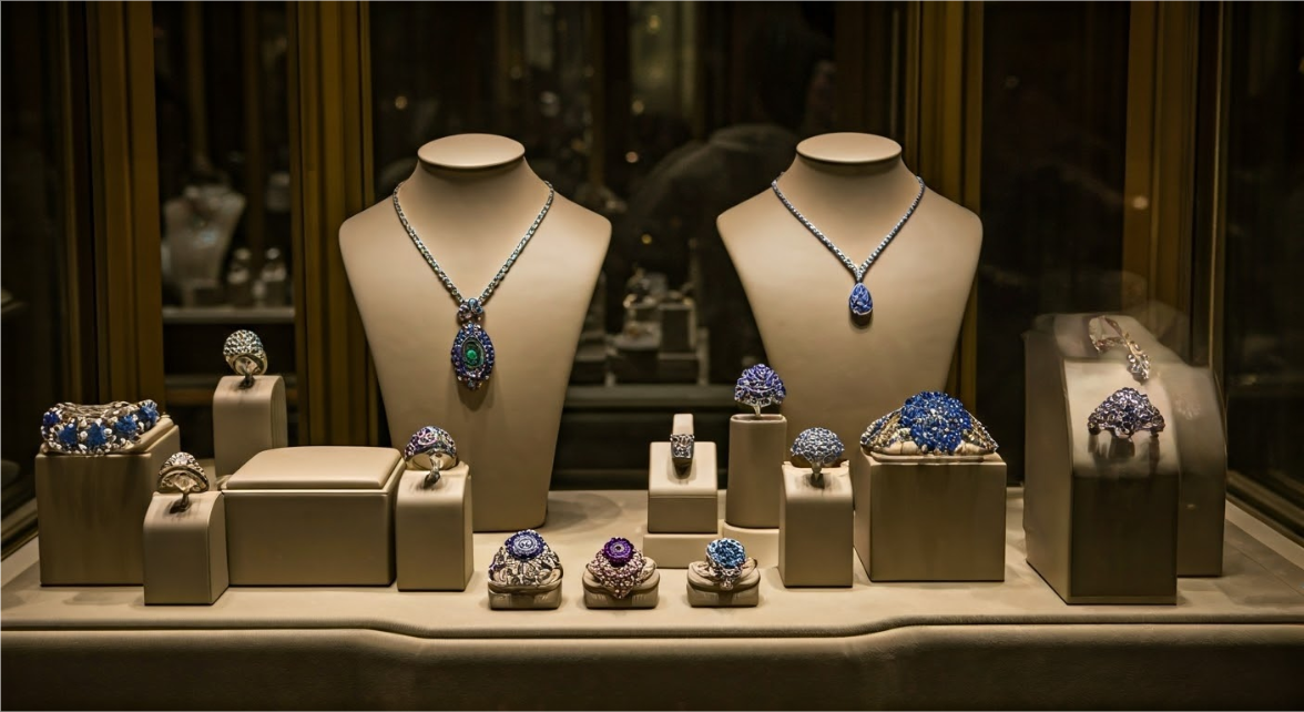 high jewelry and fine jewelry on display in store